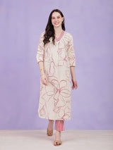 Cotton Floral & Striped Kurta - Off-White & Red