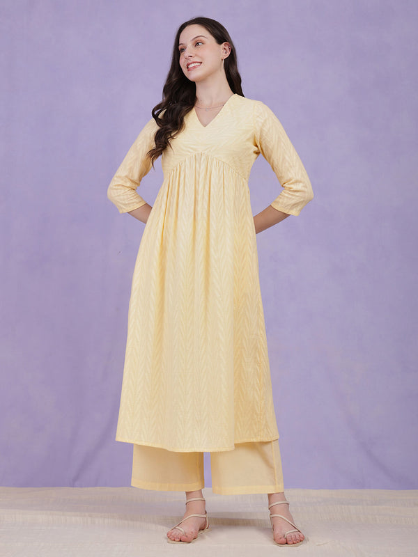 Cotton Jacquard Floral Kurta - Yellow