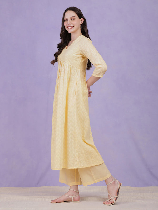 Cotton Jacquard Floral Kurta - Yellow