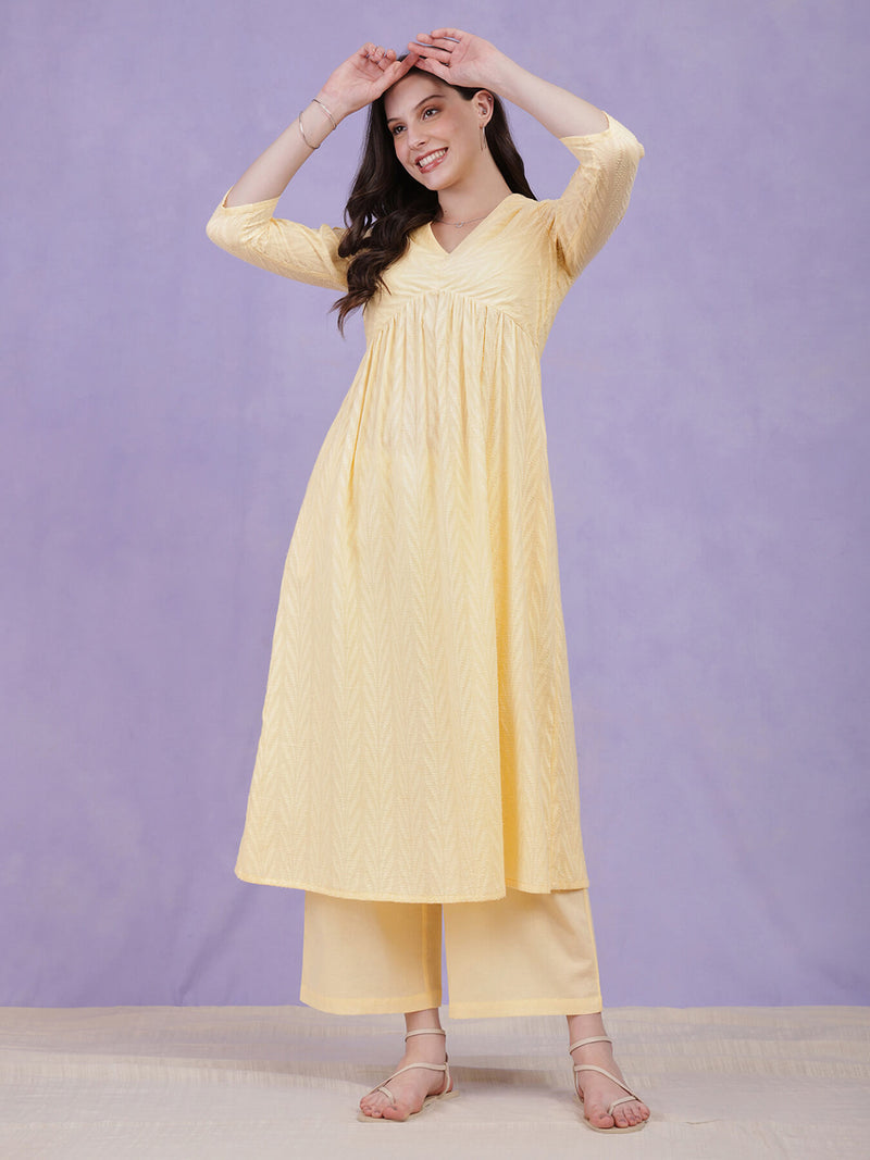 Cotton Jacquard Floral Kurta - Yellow