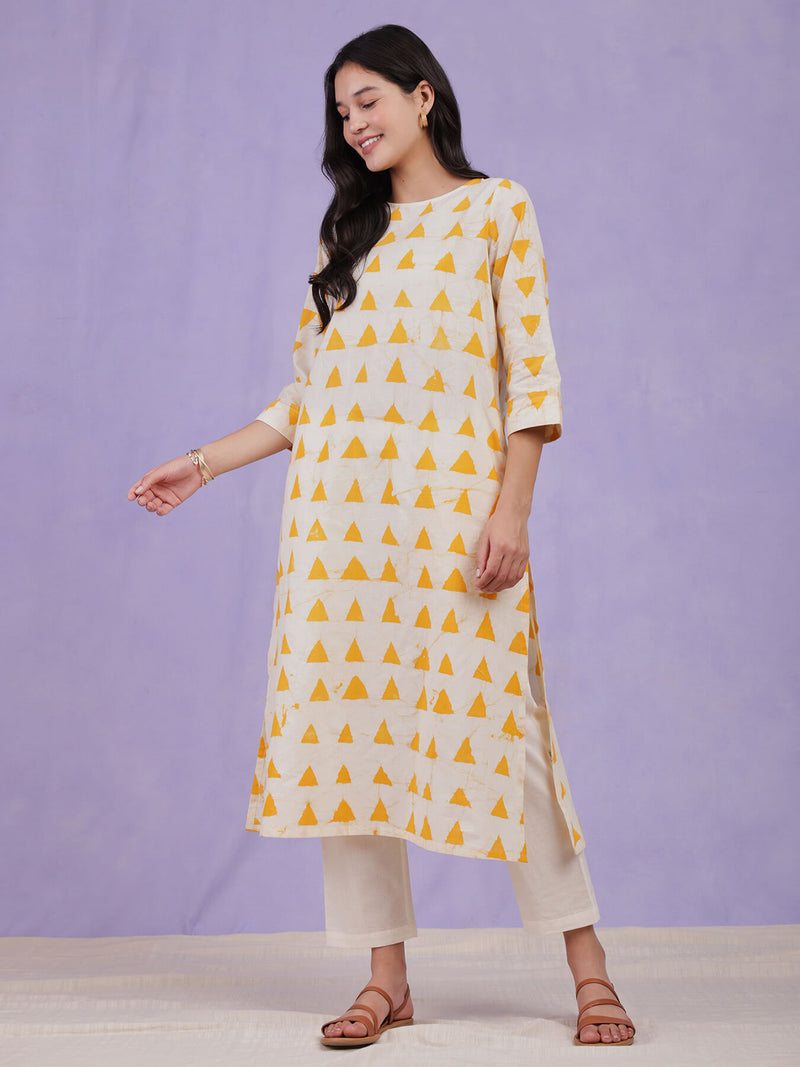 Cotton Batik Geometric Print Kurta - Yellow & White