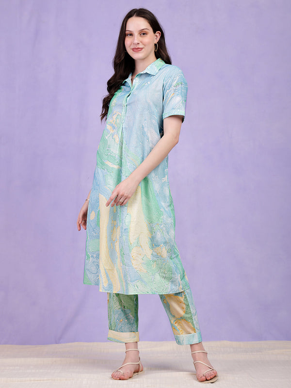 Cotton Cloud Print Kurta - Light Blue