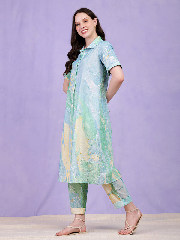 Cotton Cloud Print Kurta - Light Blue