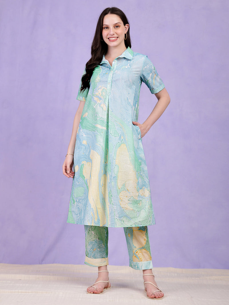 Cotton Cloud Print Kurta - Light Blue