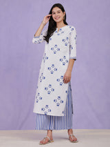 Cotton Floral Motif Kurta - Blue & White
