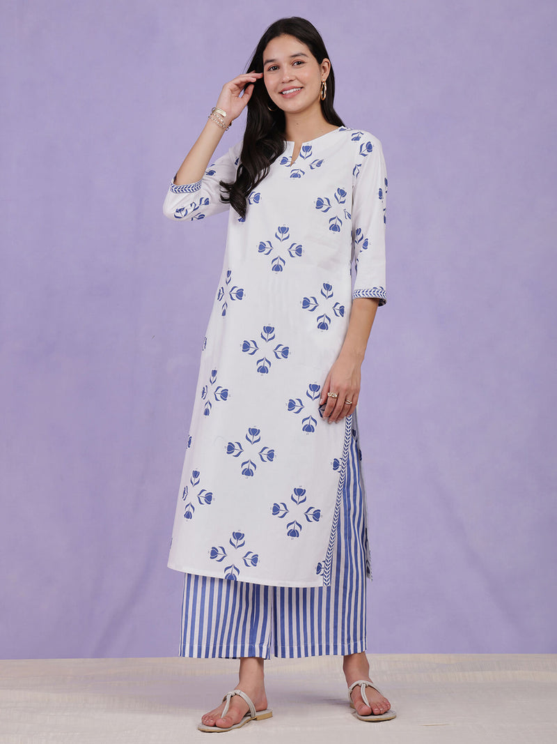 Cotton Floral Motif Kurta - Blue & White