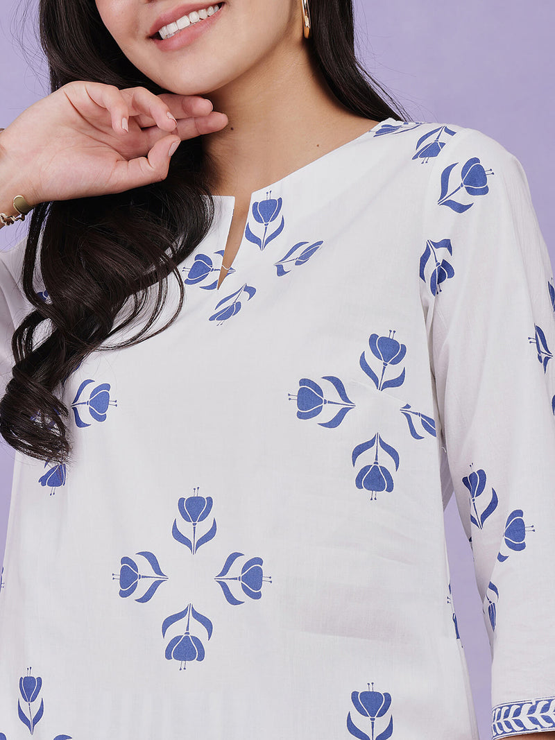Cotton Floral Motif Kurta - Blue & White