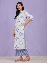 Cotton Floral Motif Kurta - Blue & White