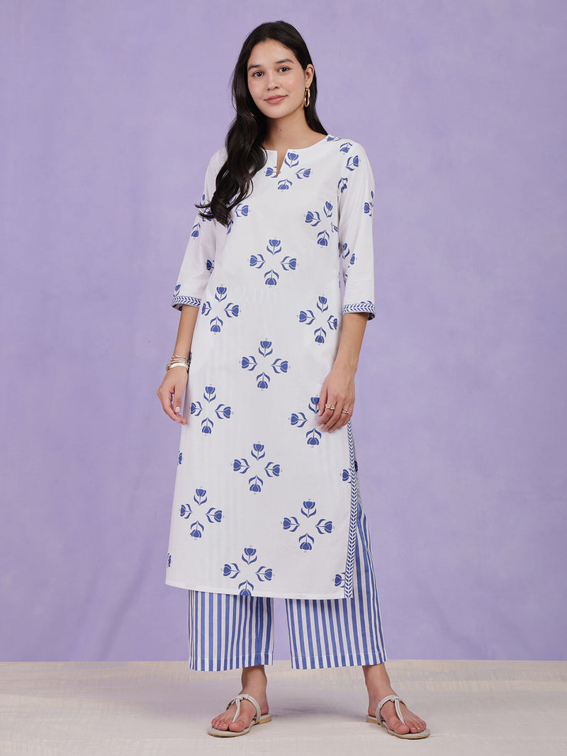 Cotton Floral Motif Kurta - Blue & White