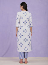 Cotton Floral Motif Kurta - Blue & White