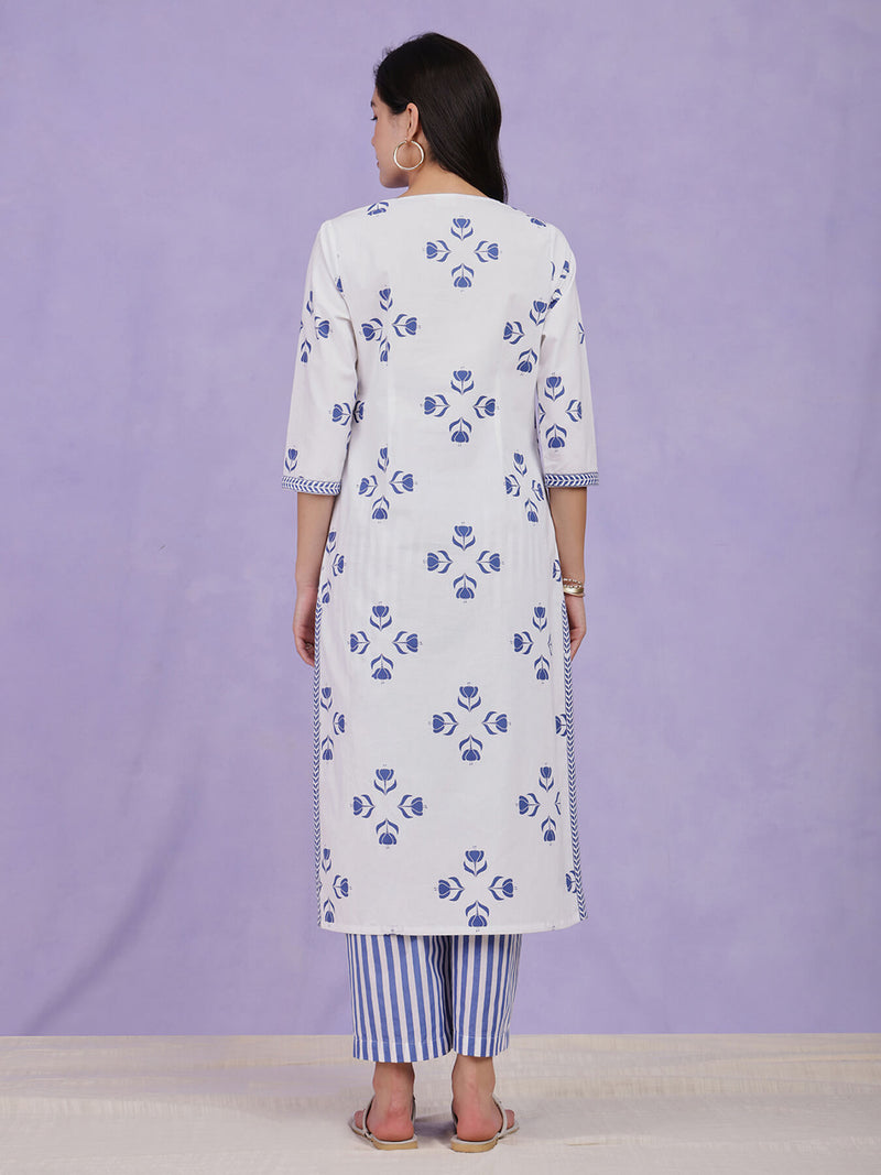 Cotton Floral Motif Kurta - Blue & White
