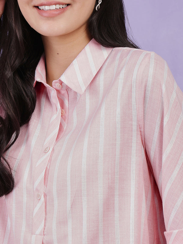 Cotton Lurex Striped Kurta - Pink