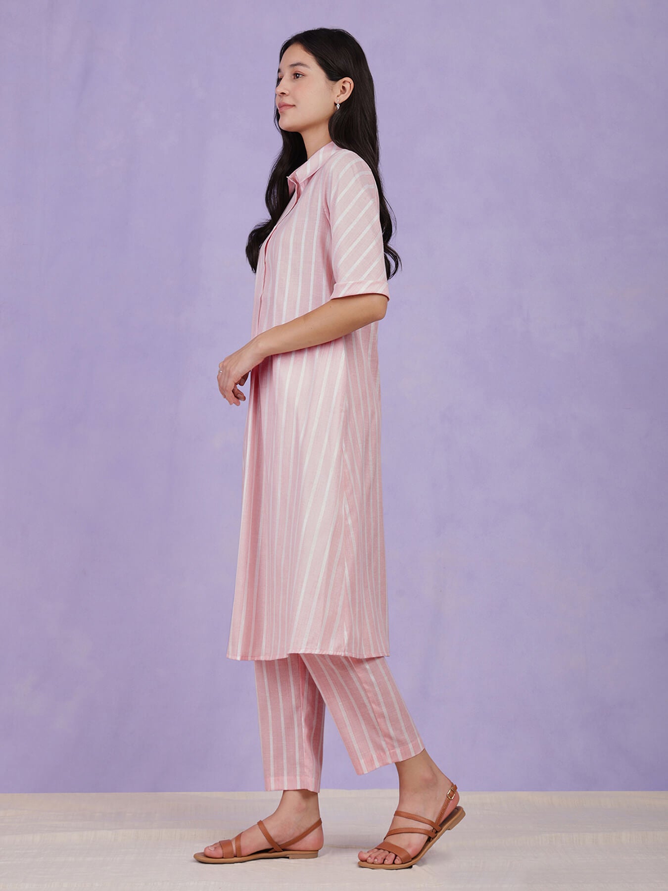 Cotton Lurex Striped Kurta - Pink
