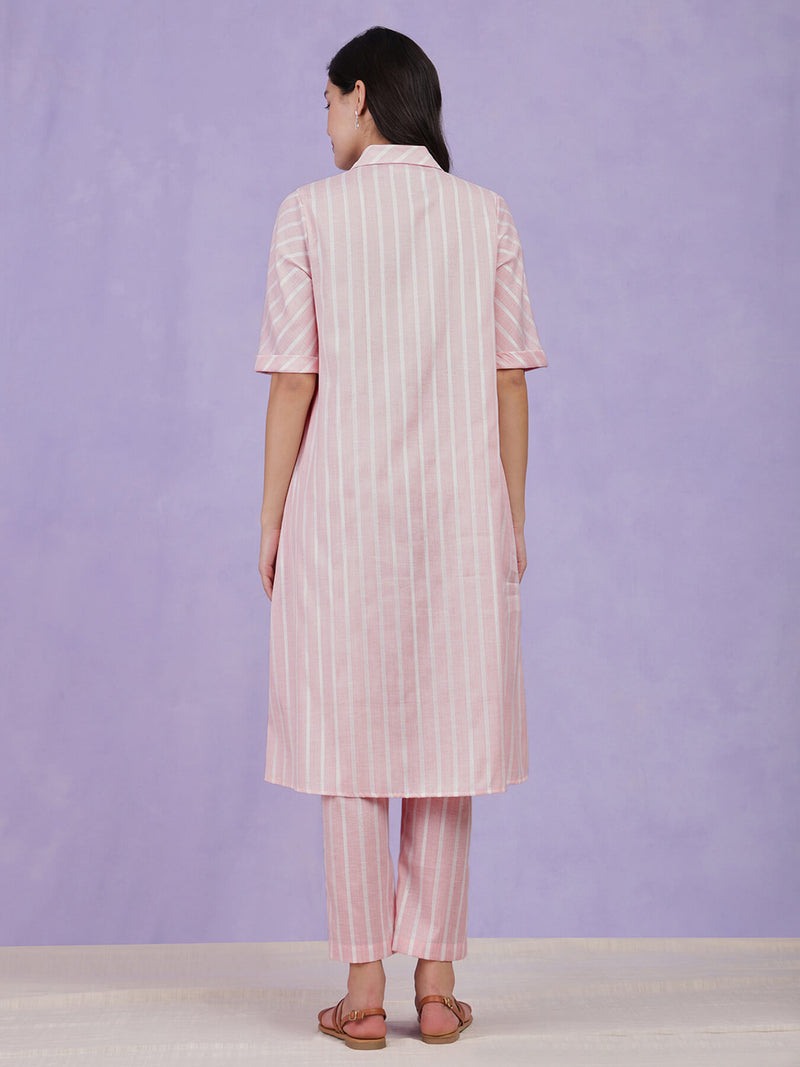 Cotton Lurex Striped Kurta - Pink