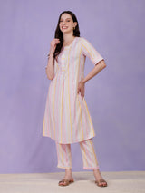 Cotton Striped Kurta - Pink & White