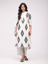 Cotton Geometric Print Kurta - White & Black