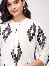 Cotton Geometric Print Kurta - White & Black