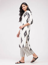 Cotton Geometric Print Kurta - White & Black