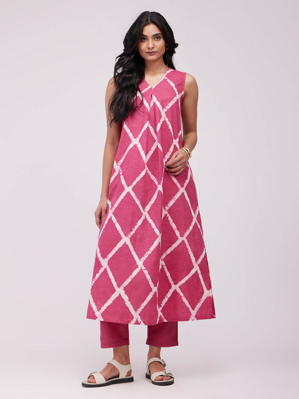 Cotton Dabu Geometric Kurta - Pink