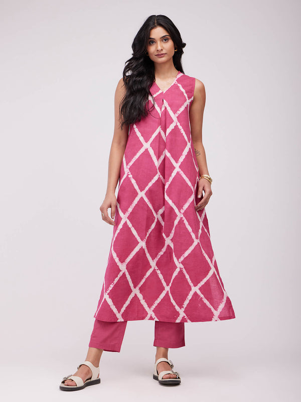 Cotton Dabu Geometric Kurta - Pink