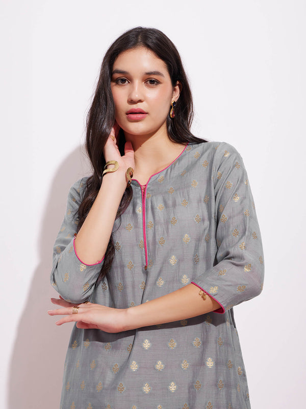 Chanderi Woven Design Kurta - Grey & Pink