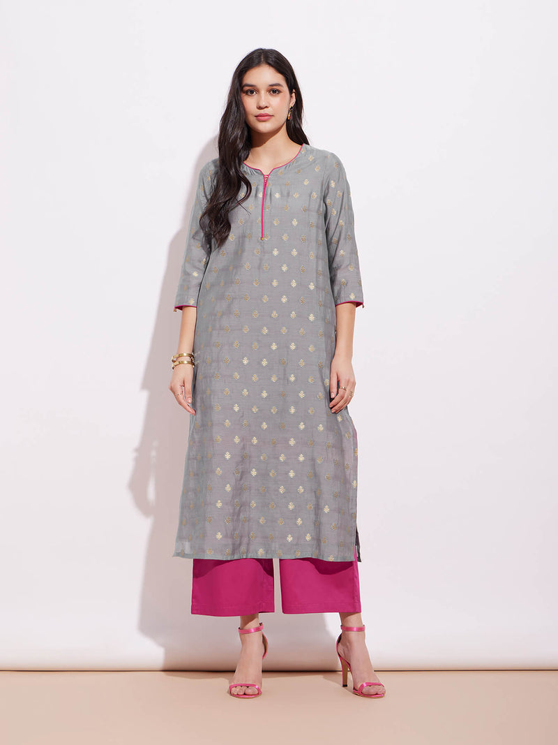 Chanderi Woven Design Kurta - Grey & Pink