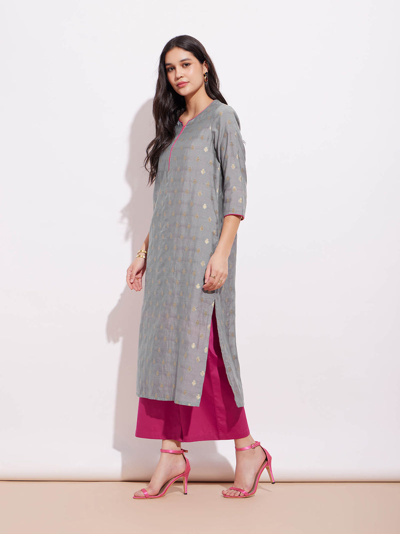 Chanderi Woven Design Kurta - Grey & Pink