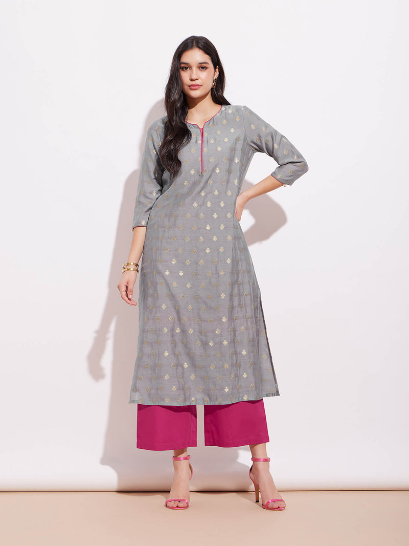 Chanderi Woven Design Kurta - Grey & Pink