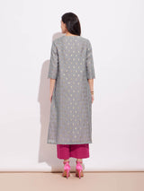 Chanderi Woven Design Kurta - Grey & Pink