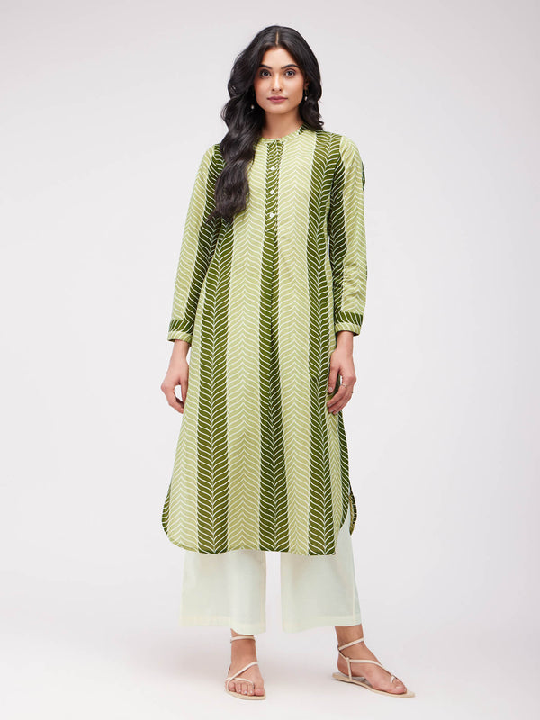 Cotton Leaf Striped Kurta - Olive