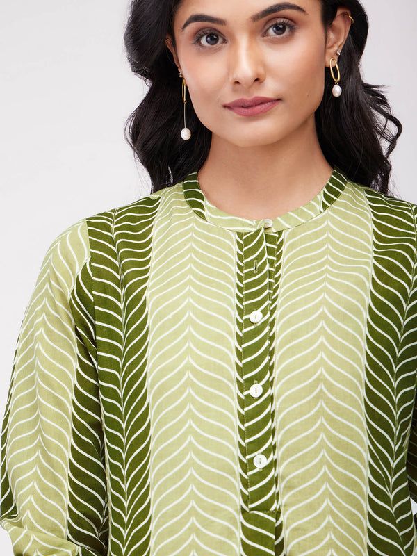 Cotton Leaf Striped Kurta - Olive