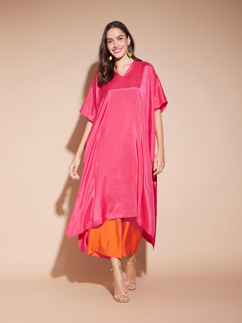 Viscose Kaftan Kurta with Sash - Pink