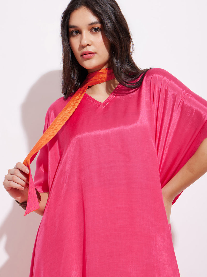 Viscose Kaftan Kurta with Sash - Pink