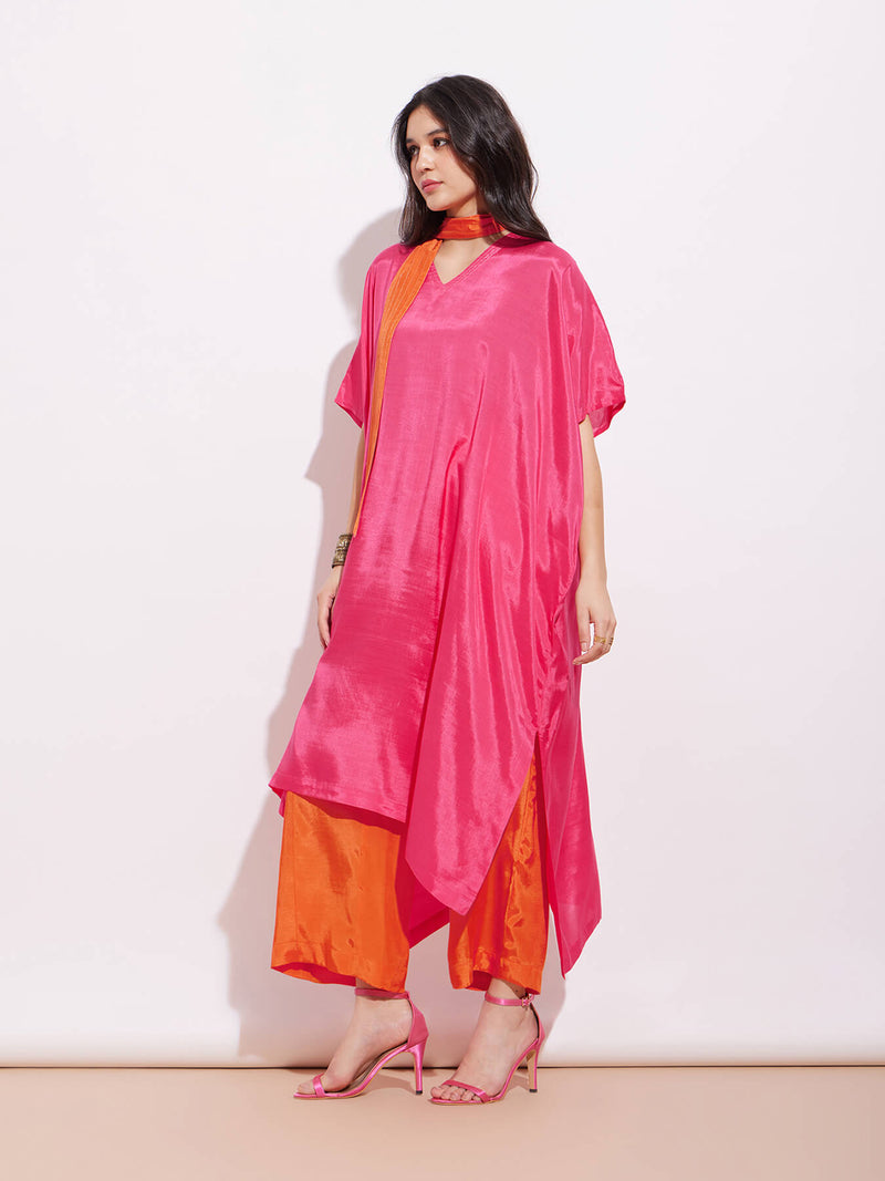 Viscose Kaftan Kurta with Sash - Pink