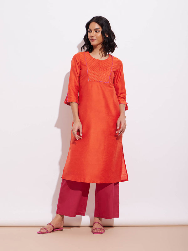 Chanderi Solid Straight Kurta - Orange