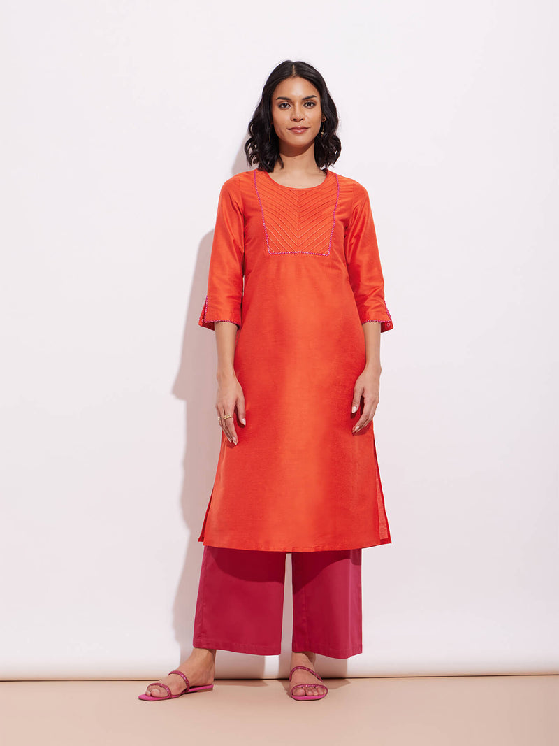 Chanderi Solid Straight Kurta - Orange