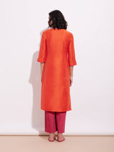 Chanderi Solid Straight Kurta - Orange