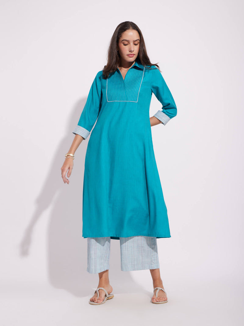 Cotton Solid Shirt Kurta - Blue