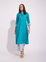 Cotton Solid Shirt Kurta - Blue