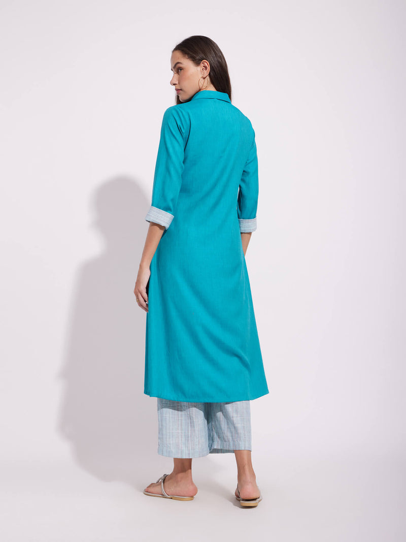 Cotton Solid Shirt Kurta - Blue