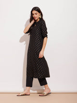 Rayon Geometric Pattern Kurta - Black