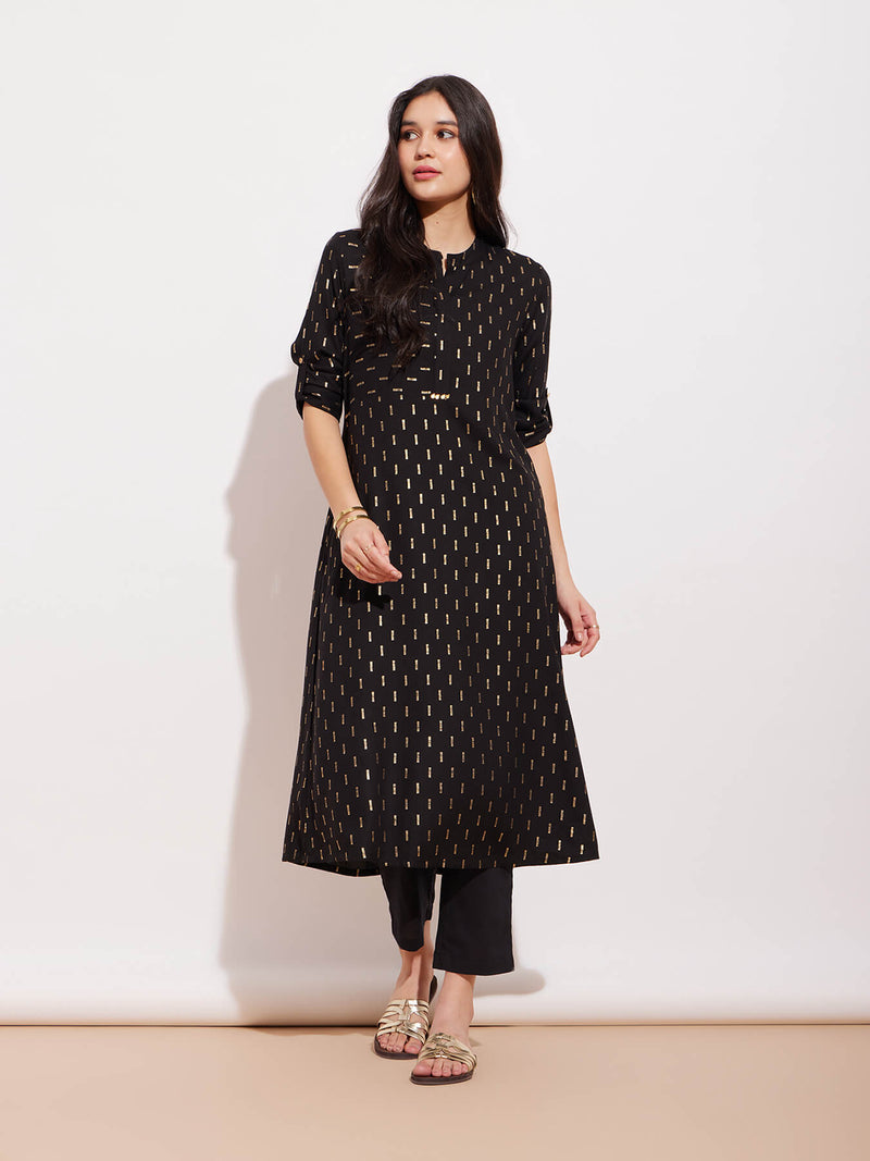 Rayon Geometric Pattern Kurta - Black