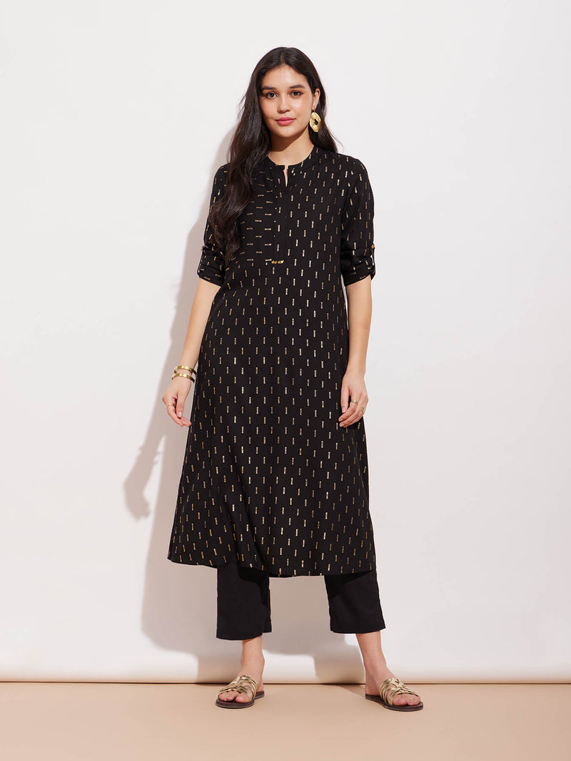 Rayon Geometric Pattern Kurta - Black