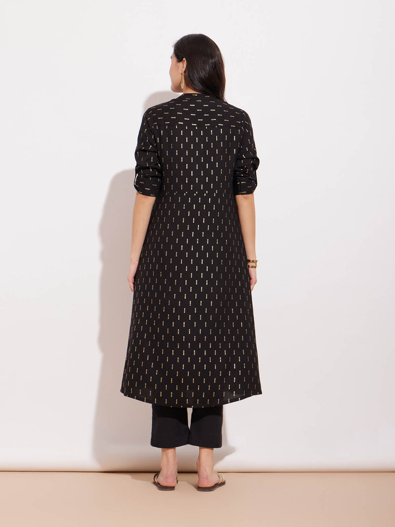 Rayon Geometric Pattern Kurta - Black