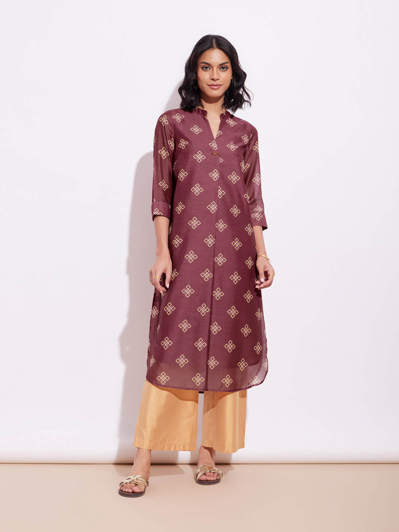 Chanderi Geometric Print Kurta - Burgundy