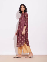 Chanderi Geometric Print Kurta - Burgundy