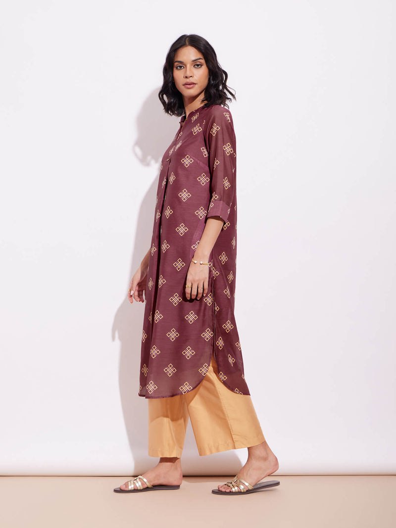 Chanderi Geometric Print Kurta - Burgundy