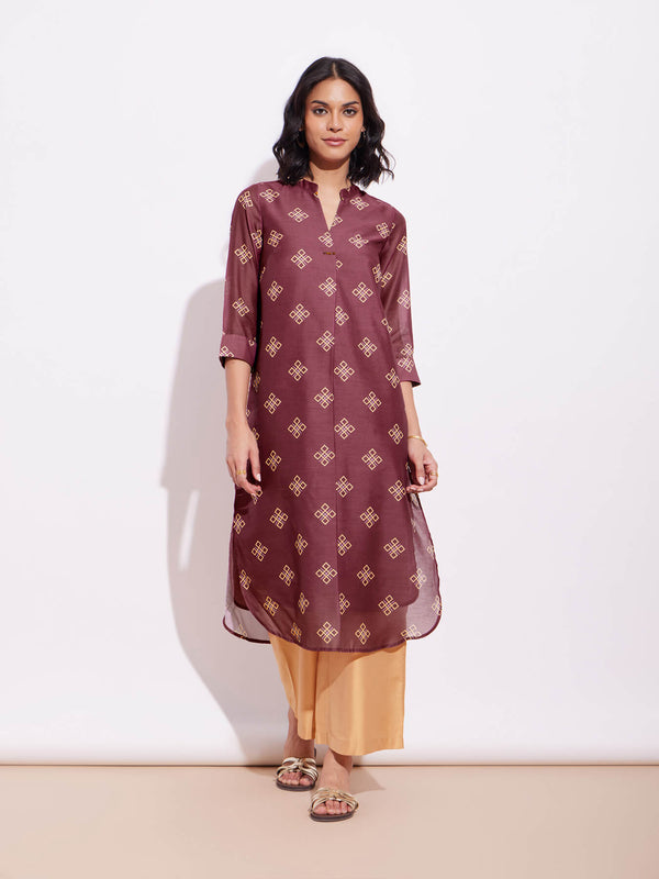 Chanderi Geometric Print Kurta - Burgundy