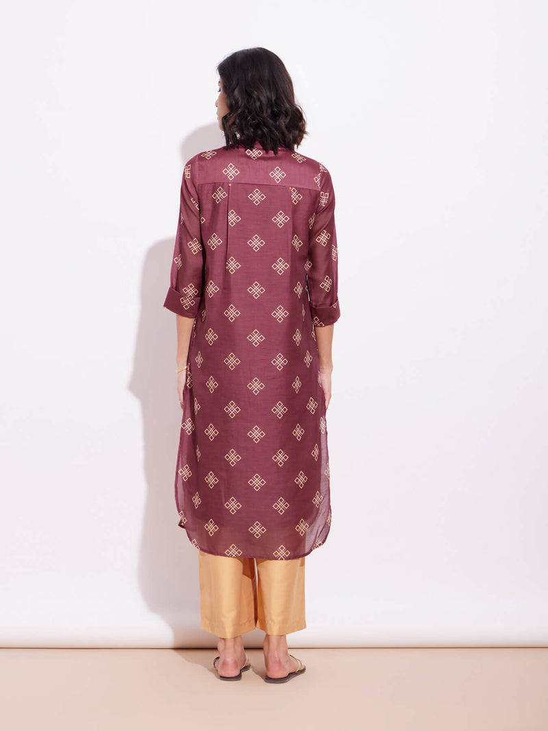 Chanderi Geometric Print Kurta - Burgundy