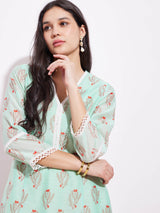 Chanderi Ethnic Motif Kurta - Green & White